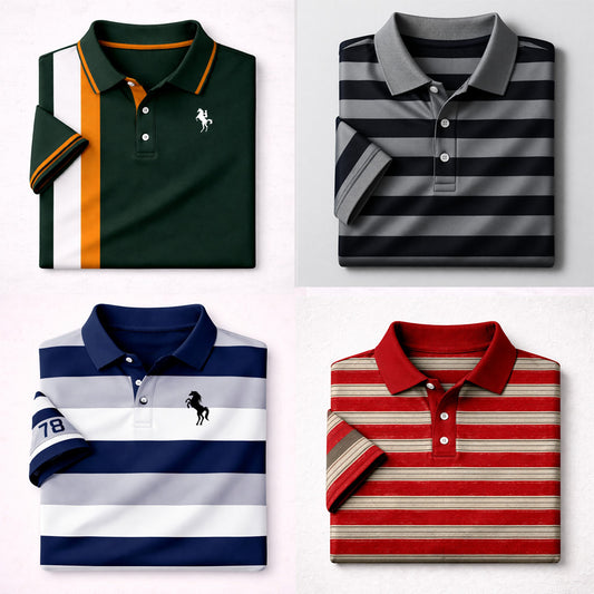 Bundle Of 4 Dry-Fit 3D Stripe Printed Style Half-Sleeve Polo Summer Tshirt's. MS3DP-02+07+14+19