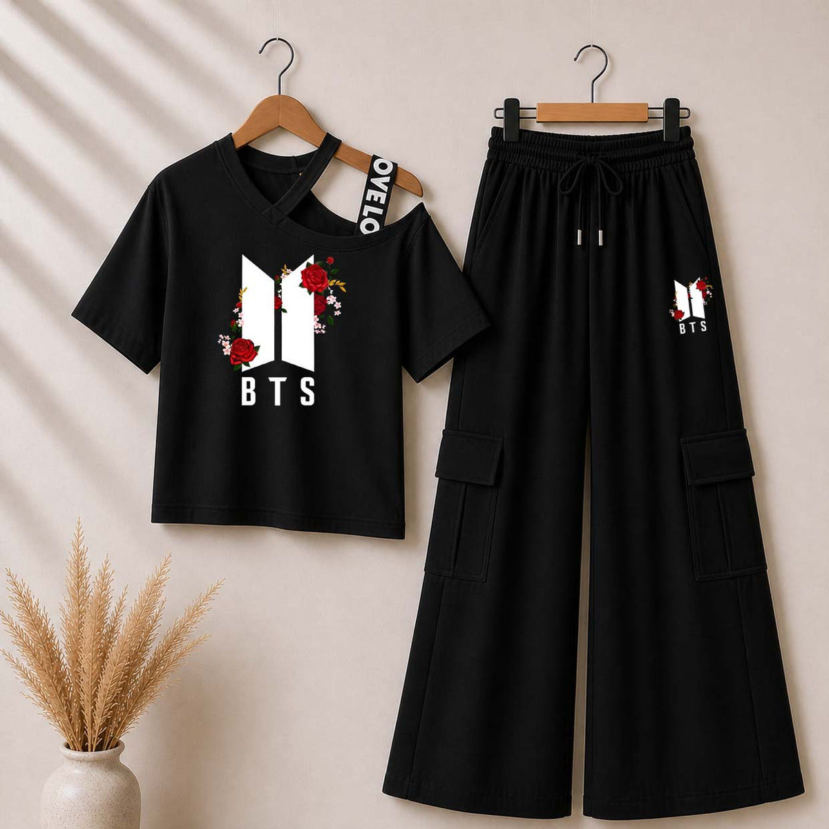 Black BTS-Flower Printed V-Neck Shoulder Strap & Cargo Trouser Style 2-Pcs Summer Tracksuit. D-4