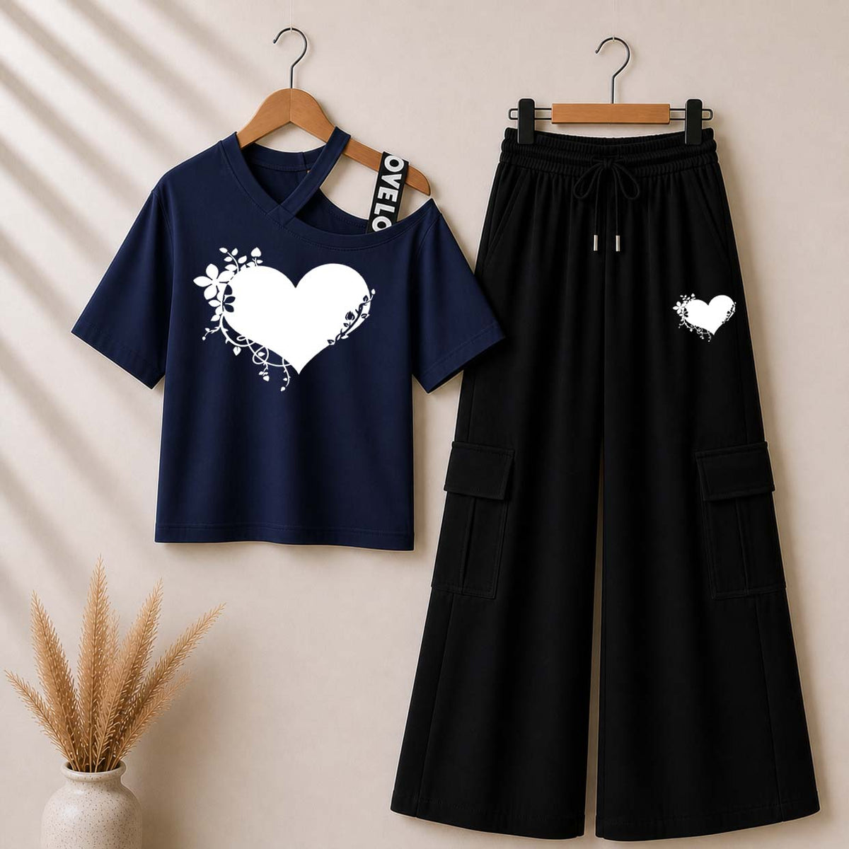 Blue Heart-Laef Printed V-Neck Shoulder Strap & Cargo Trouser Style 2-Pcs Summer Tracksuit. D-4