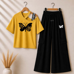 Yellow Butterfly Printed V-Neck Shoulder Strap & Cargo Trouser Style 2-Pcs Summer Tracksuit. D-4