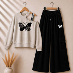 Grey Butterfly Printed Sweat Shoulder Strap & Cargo Trouser Style 2-Pcs Summer Tracksuit. D-5
