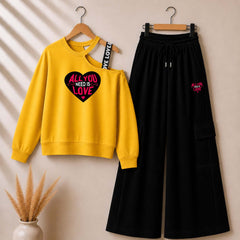 Yellow Heart-Love Printed Sweat Shoulder Strap & Cargo Trouser Style 2-Pcs Summer Tracksuit. D-5