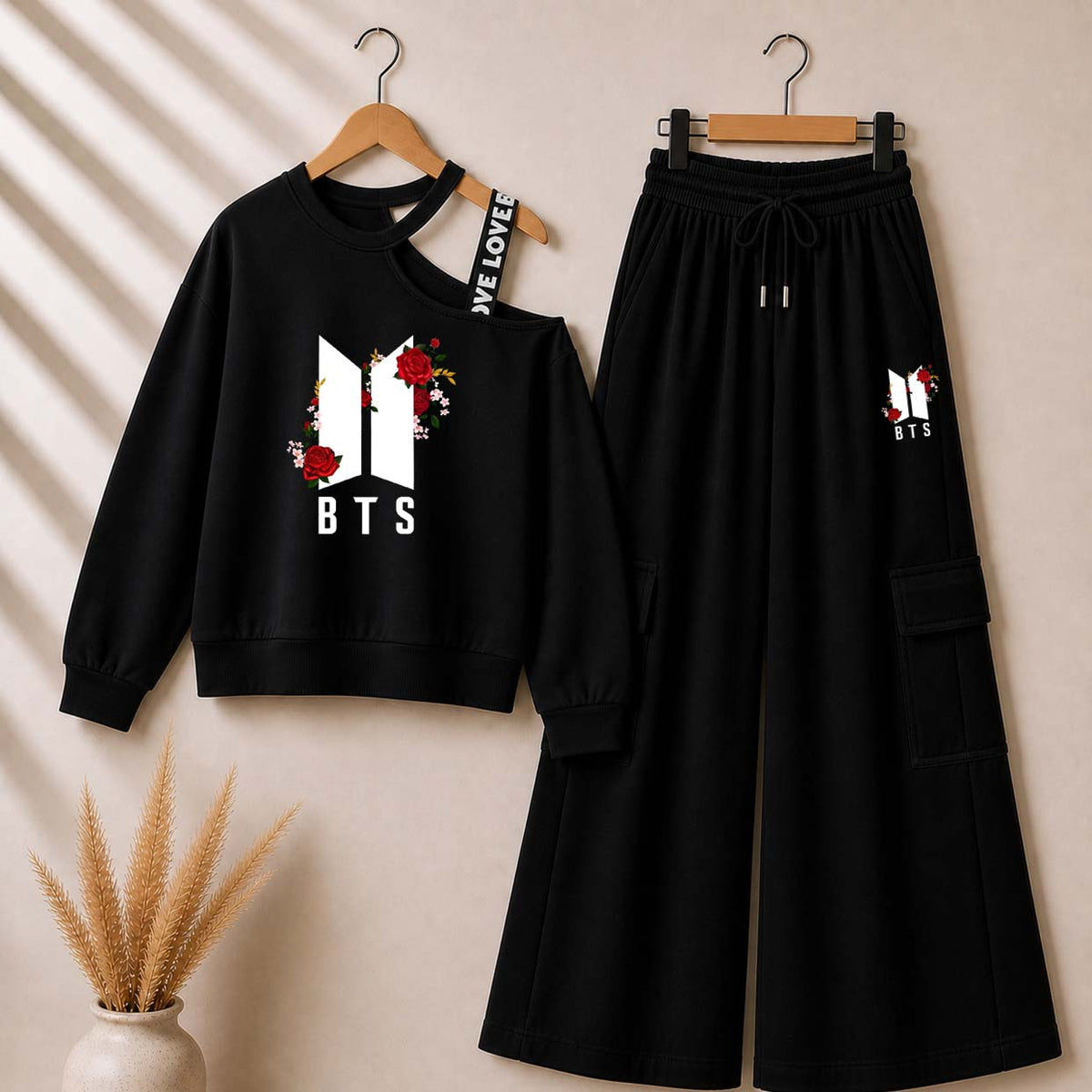 Black BTS-Flower Printed Sweat Shoulder Strap & Cargo Trouser Style 2-Pcs Summer Tracksuit. D-5