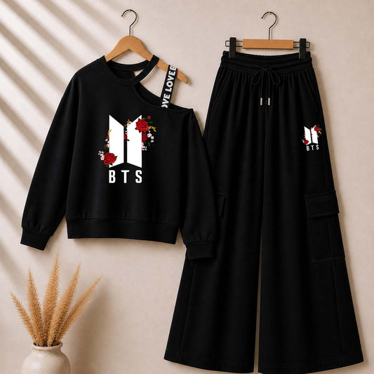 Black BTS-Flower Printed Sweat Shoulder Strap & Cargo Trouser Style 2-Pcs Summer Tracksuit. D-5