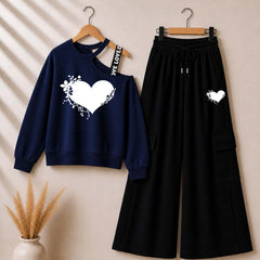 Blue Heart-Laef Printed Sweat Shoulder Strap & Cargo Trouser Style 2-Pcs Summer Tracksuit. D-5