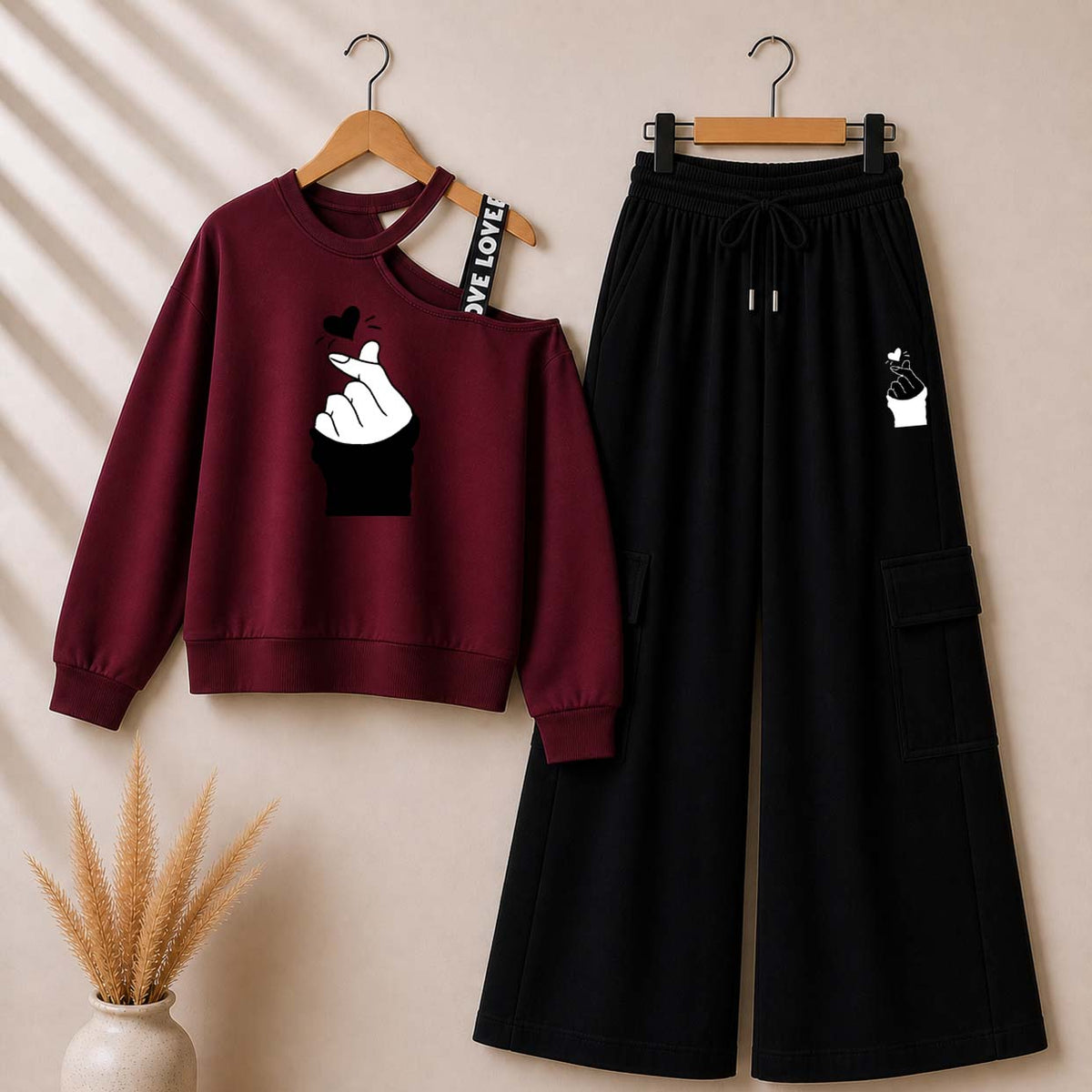 Maroon Chutki Printed Sweat Shoulder Strap & Cargo Trouser Style 2-Pcs Summer Tracksuit. D-5