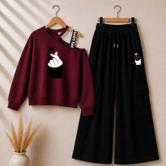 Maroon Chutki Printed Sweat Shoulder Strap & Cargo Trouser Style 2-Pcs Summer Tracksuit. D-5