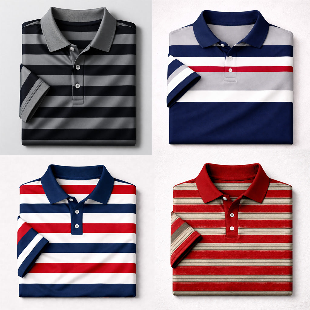 Bundle Of 4 Dry-Fit 3D Stripe Printed Style Half-Sleeve Polo Summer Tshirt's. MS3DP-02+03+06+07