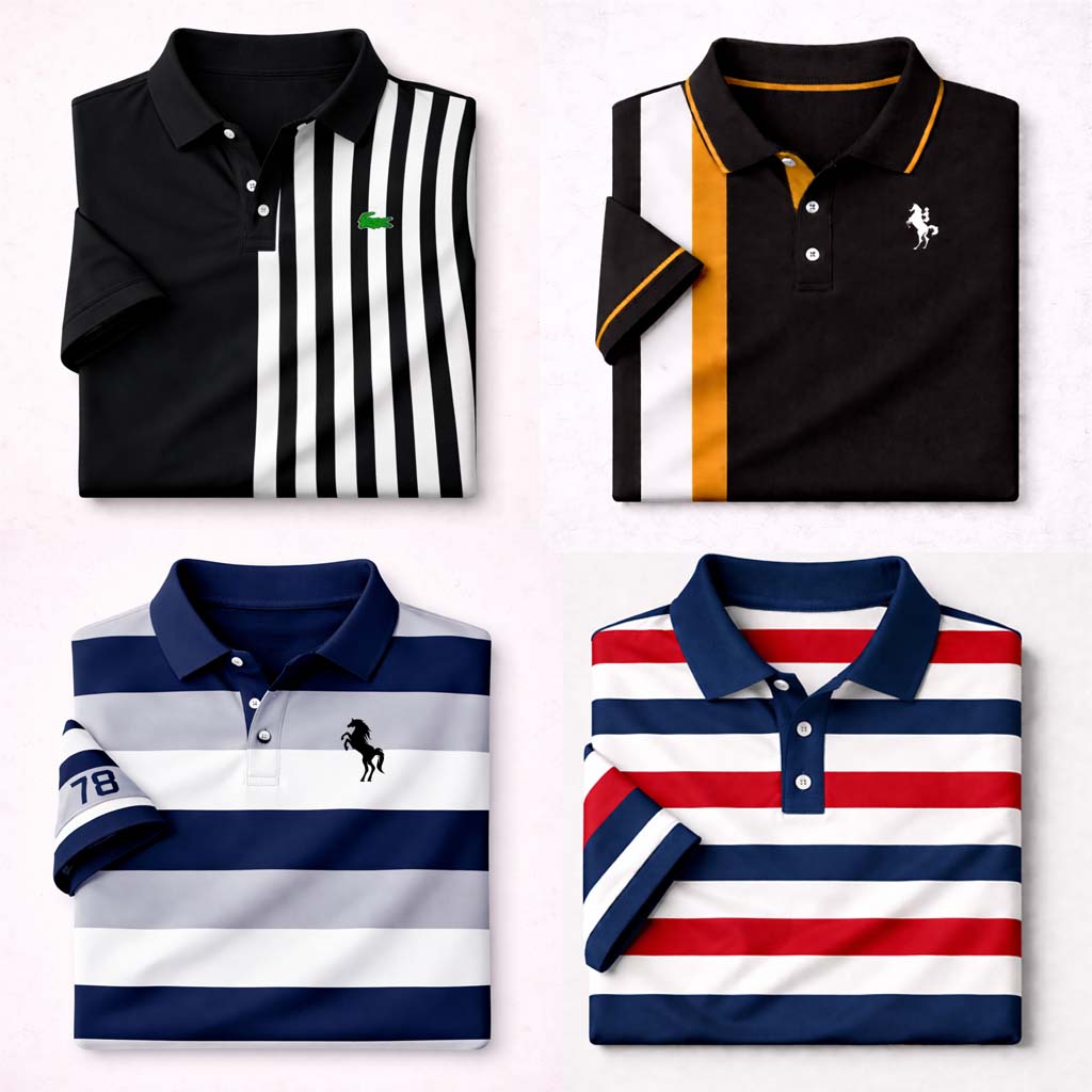 Bundle Of 4 Dry-Fit 3D Stripe Printed Style Half-Sleeve Polo Summer Tshirt's. MS3DP-04+12+18+19