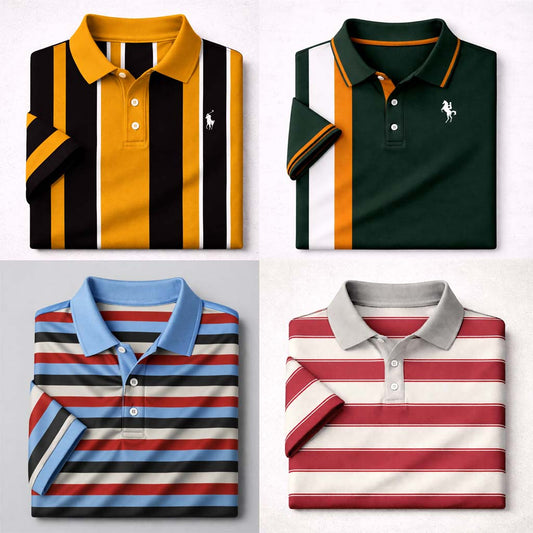 Bundle Of 4 Dry-Fit 3D Stripe Printed Style Half-Sleeve Polo Summer Tshirt's. MS3DP-01+05+11+14