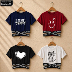 Bundle Of 4 Crop-Top Elastic Waisted Short Sleeve Printed Tee.  Style.2&3