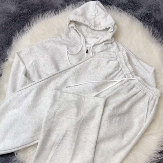 Grey Simple Hooded Zipper Style 2-Pcs Winter Tracksuit. D-12