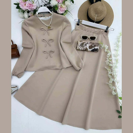 Bow Shirt & Skirt Style 2-Pcs Winter Co-Ord Set. WWTS-46