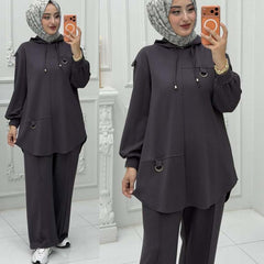 High-Low Round-Hem Patch Hooded Style 2-Pcs Winter Suit. WWTS-58