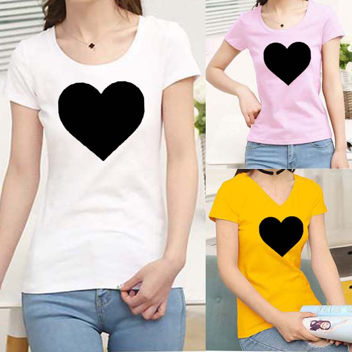 Bundle Of 3 Heart Printed Half Sleeve Summer Tshirt's For Her. White+Pink+Yellow