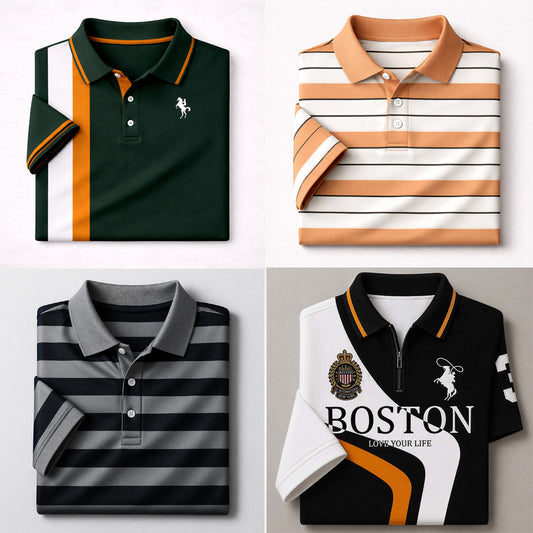 Bundle Of 4 Dry-Fit 3D Stripe Printed Style Half-Sleeve Polo Summer Tshirt's. MS3DP-07+09+14+20