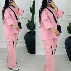 Drop-Shoulder 6-Pocket Cargo Zipper Style Western 2-Pcs Summer Tracksuit For Her. WSTS-07