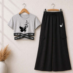 Grey Butterfly Printed Crop-Top Elastic Waisted & Cargo Trouser Style 2-Pcs Summer Tracksuit. D-2.3