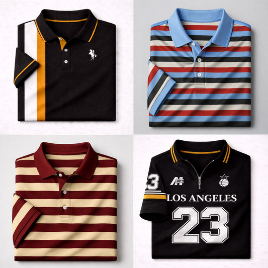 Bundle Of 4 Dry-Fit 3D Stripe Printed Style Half-Sleeve Polo Summer Tshirt's. MS3DP-05+08+12+15