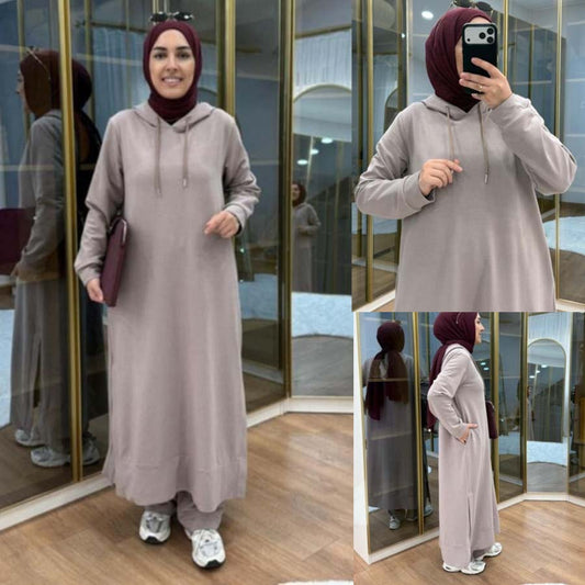 Long Pull-Over Hooded Abaya Style 2-Pcs Winter Suit. WWTS-51