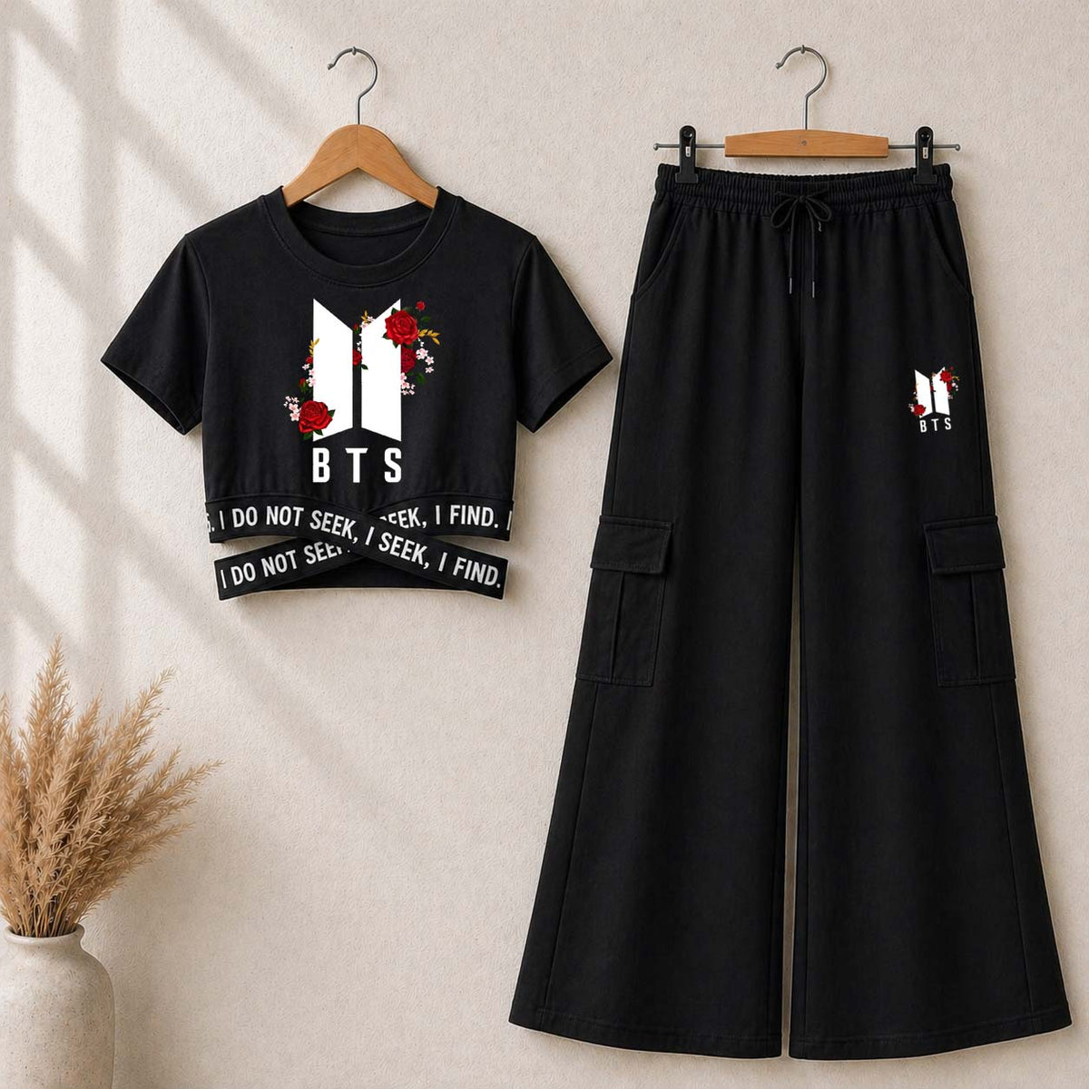 Black BTS-Flower Printed Crop-Top Elastic Waisted & Cargo Trouser Style 2-Pcs Summer Tracksuit. D-2.3