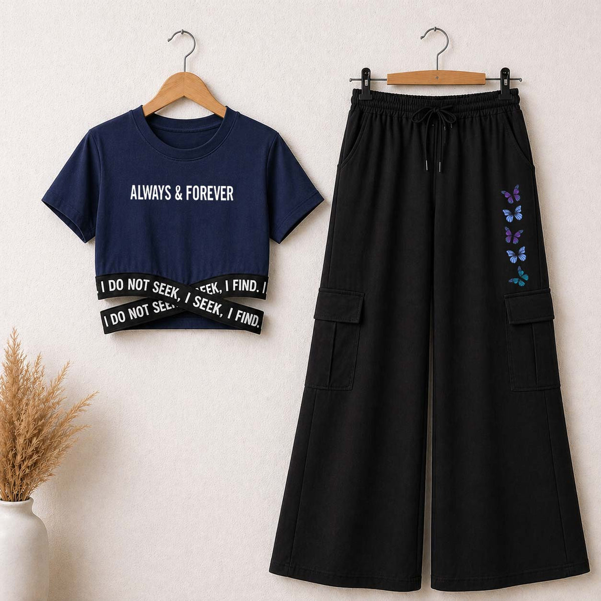 Blue Always4Ever Printed Crop-Top Elastic Waisted & Cargo Trouser Style 2-Pcs Summer Tracksuit. D-2.3