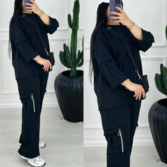 Drop-Shoulder 6-Pocket Cargo Zipper Style Western 2-Pcs Summer Tracksuit For Her. WSTS-07