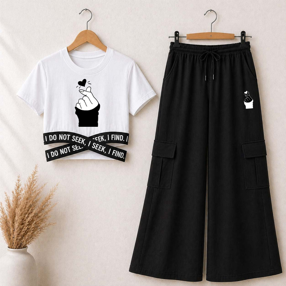 White Chutki Printed Crop-Top Elastic Waisted & Cargo Trouser Style 2-Pcs Summer Tracksuit. D-2.3
