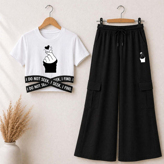 White Chutki Printed Crop-Top Elastic Waisted & Cargo Trouser Style 2-Pcs Summer Tracksuit. D-2.3