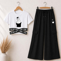 White Chutki Printed Crop-Top Elastic Waisted & Cargo Trouser Style 2-Pcs Summer Tracksuit. D-2.3