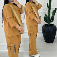 Drop-Shoulder 6-Pocket Cargo Zipper Style Western 2-Pcs Summer Tracksuit For Her. WSTS-07