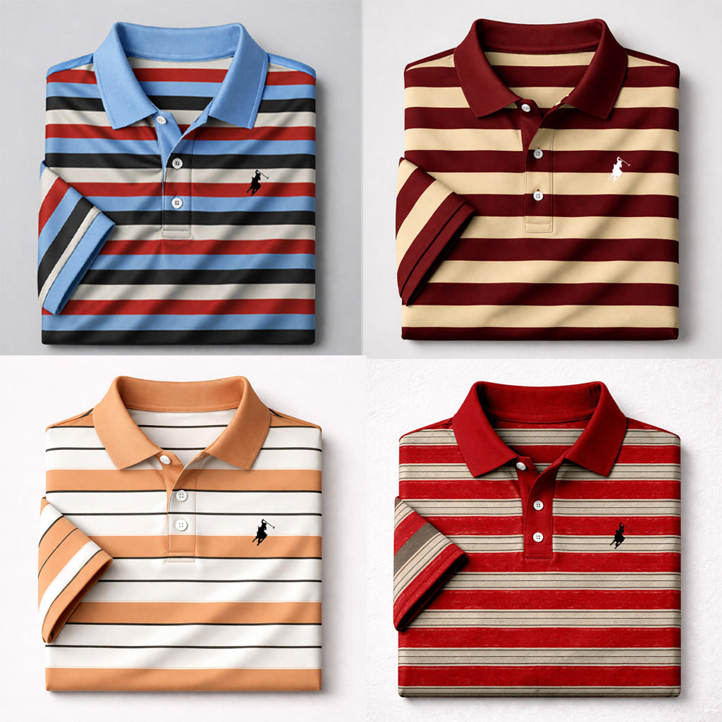 Horse Logo Bundle Of 4 Dry-Fit 3D Stripe Printed Style Half-Sleeve Polo Summer Tshirt's. MS3DP-04+08+13+15