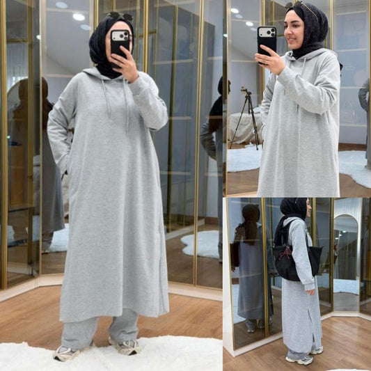 Long Pull-Over Hooded Abaya Style 2-Pcs Winter Suit. WWTS-51
