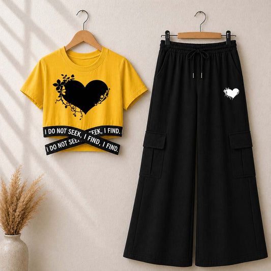 Yellow Heart-Leaf Printed Crop-Top Elastic Waisted & Cargo Trouser Style 2-Pcs Summer Tracksuit. D-2.3
