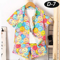 Multi-Colour Smiley Style All-Over 3D Printed 2-Pcs Summer Suit For Kids. D-7