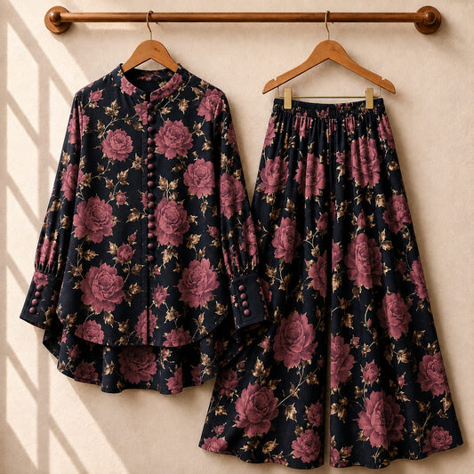 Fawoza Printed Western Shirt & Plazo Style 2-Pcs Stiched Co-Ord Set.