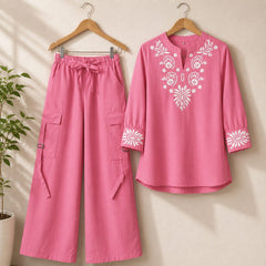 Cotton Embroidered Western Shirt & Cargo Style 2-Pcs Stiched Co-Ord Set. KML-05
