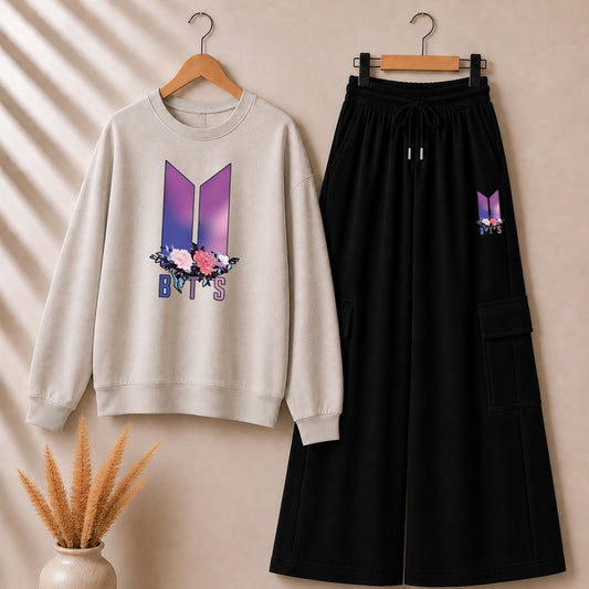 Hazel-Grey 3D-BTS Printed Sweat Style Tshirt & Cargo Trouser 2-Pcs Summer Tracksuit. D-7