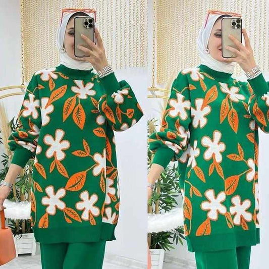 Bright-Green Flower Printed Premium Quality Winter Sweatshirt For Her.