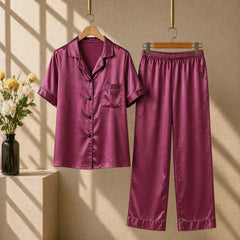 Imported Regular Style Unisex 2-Pcs Silk Nightsuit. (H-Sleeve+Pajama)
