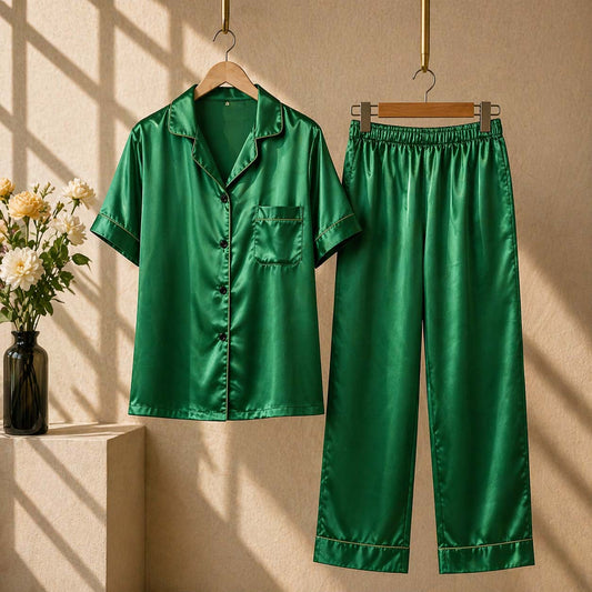 Imported Regular Style Unisex 2-Pcs Silk Nightsuit. (H-Sleeve+Pajama)