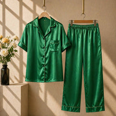 Imported Regular Style Unisex 2-Pcs Silk Nightsuit. (H-Sleeve+Pajama)