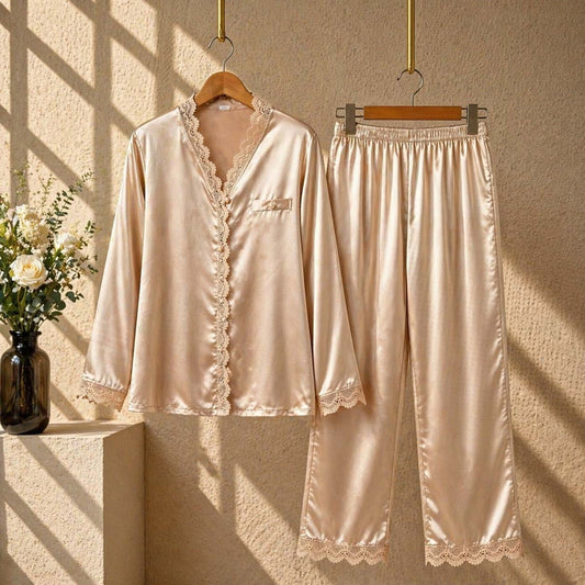 Imported Lace Style 2-Pcs Silk Nightsuit. D-7