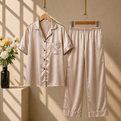 Imported Regular Style Unisex 2-Pcs Silk Nightsuit. (H-Sleeve+Pajama)