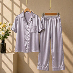 Imported Regular Style Unisex 2-Pcs Silk Nightsuit. (H-Sleeve+Pajama)
