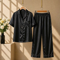 Imported Regular Style Unisex 2-Pcs Silk Nightsuit. (H-Sleeve+Pajama)