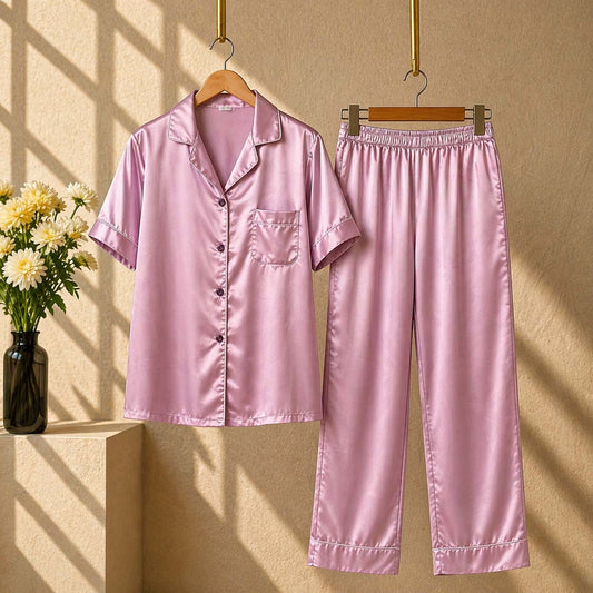 Imported Regular Style Unisex 2-Pcs Silk Nightsuit. (H-Sleeve+Pajama)
