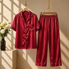 Imported Regular Style Unisex 2-Pcs Silk Nightsuit. (H-Sleeve+Pajama)