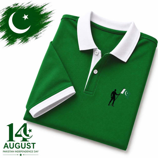 Green Contrast Collar Style Hold Flag Logo Printed Azadi Polo Tshirt. V2