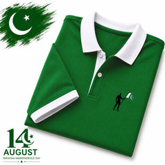 Green Contrast Collar Style Hold Flag Logo Printed Azadi Polo Tshirt. V2